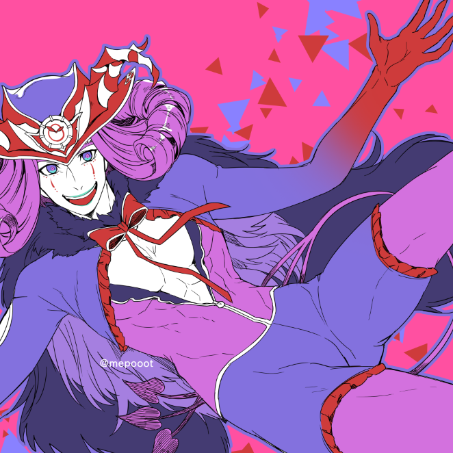 1boy abs argyle argyle_legwear blue_lipstick cape center_opening cleavage_cutout clothing_cutout colored_skin curly_hair fate/grand_order fate_(series) fur-trimmed_cape fur_collar fur_trim headpiece lipstick looking_at_viewer makeup male_focus medium_hair mephistopheles_(fate/grand_order) mepo_(raven0) pale_skin pantyhose pectorals purple_hair red_skin simple_background smile solo thighs toned toned_male unzipped violet_eyes