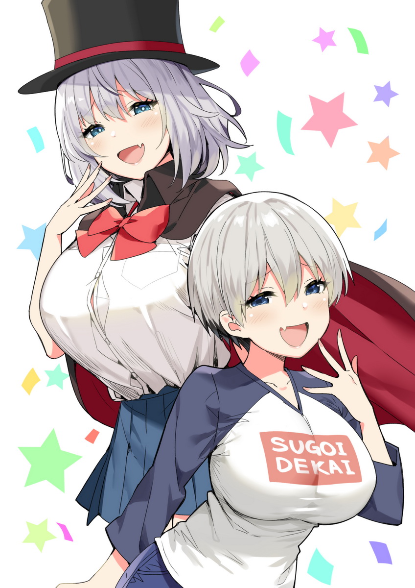2girls bangs blue_eyes blush breasts cape commentary_request crossover eyebrows_visible_through_hair fang fingernails grey_hair hat highres large_breasts multicolored multicolored_background multiple_girls open_mouth pleated_skirt red_ribbon ribbon shirt short_hair silver_hair skin_fang skirt sky_(freedom) sugoi_dekai taut_clothes taut_shirt tejina_senpai tejina_senpai_(character) top_hat uzaki-chan_wa_asobitai! uzaki_hana