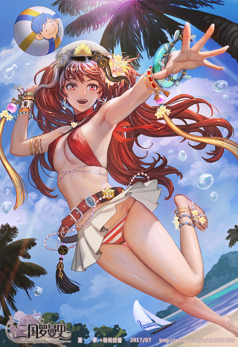 1girl anchor_earrings anklet armlet ball bangle barefoot barefoot_sandals beach beach_volleyball beachball beads belly_chain belt bikini boat bracelet breasts choker earrings flower hair_flower hair_ornament halterneck hat highres jewelry long_hair miniskirt navel necklace official_art open_mouth original palm_tree red_bikini red_eyes redhead sangoku_romance sanguo_romance skirt striped striped_bikini swimsuit swimwear tree watercraft xiaji