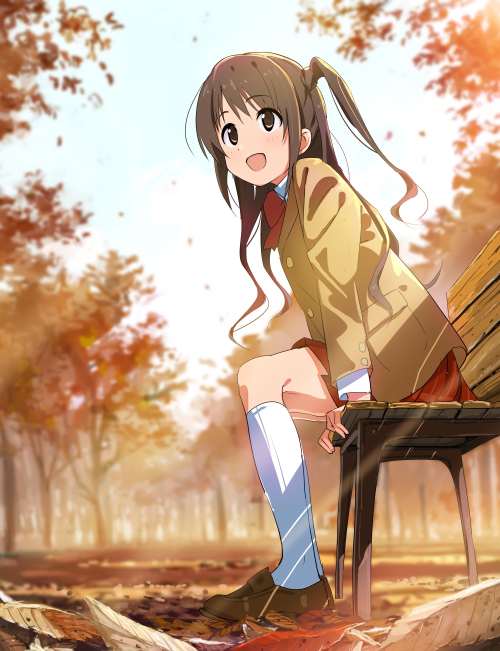 1girl :d arm_support autumn autumn_leaves bench blurry blurry_background blush bow bowtie brown_eyes brown_footwear brown_hair brown_jacket clouds cloudy_sky day eyebrows_visible_through_hair falling_leaves from_below furuyama_itaru half_updo highres idolmaster idolmaster_cinderella_girls jacket kneehighs leaf light_rays loafers long_hair looking_away one_side_up open_mouth outdoors red_neckwear red_skirt school_uniform shimamura_uzuki shoes skirt sky smile solo white_legwear wooden_bench