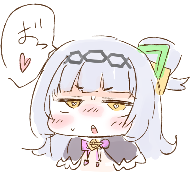 1girl bangs blunt_bangs blush blush_stickers bright_pupils capelet chibi commentary_request disconnected_mouth eyebrows_visible_through_hair head heart heart-shaped_pupils hololive long_hair looking_at_viewer murasaki_shion nekoyama nose_blush open_mouth short_eyebrows silver_hair simple_background sketch solo speech_bubble sweat symbol-shaped_pupils translation_request upper_teeth v-shaped_eyebrows virtual_youtuber white_background white_pupils yellow_eyes