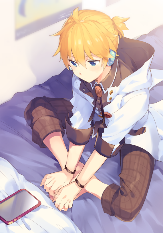 1boy aqua_nails barefoot bed black_pants blonde_hair blue_eyes bracelet commentary digital_media_player expressionless feet_together foreshortening from_above headphones holding_own_foot hood hooded_jacket jacket jewelry kagamine_len male_focus nail_polish on_bed pants poster_(object) project_diva_(series) short_ponytail sinaooo sitting solo spiky_hair vocaloid white_edge_(module) white_jacket