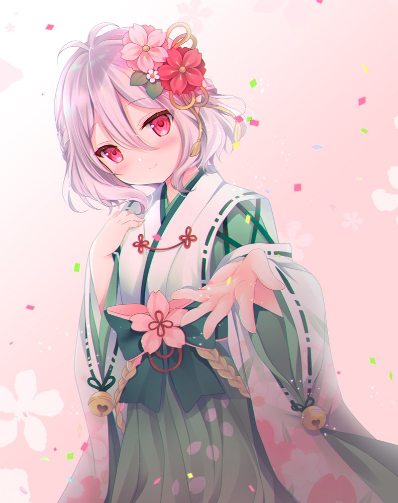 1girl antenna_hair bangs bell blush bow closed_mouth commentary_request confetti eyebrows_visible_through_hair flower gradient gradient_background green_bow green_hakama hair_between_eyes hair_flower hair_ornament hakama japanese_clothes jingle_bell kimono kokkoro_(princess_connect!) long_sleeves looking_at_viewer pink_background pink_flower pointy_ears princess_connect! princess_connect!_re:dive red_eyes red_flower shirogane_hina silver_hair smile solo white_background white_flower white_kimono wide_sleeves