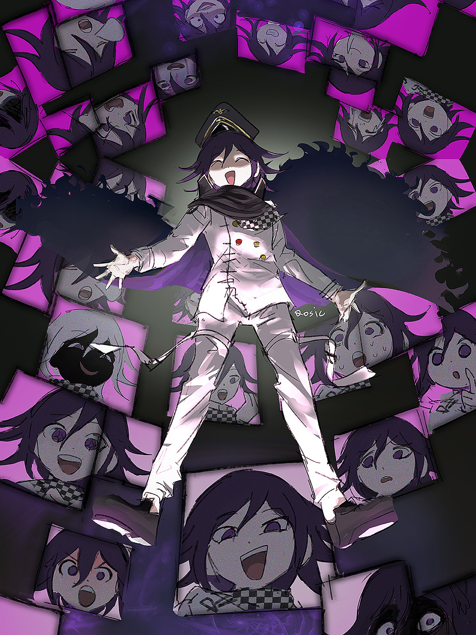 1boy :d bangs cape checkered checkered_scarf commentary dangan_ronpa_(series) dangan_ronpa_v3:_killing_harmony expressions from_below grin hair_between_eyes hands_up hat highres jacket long_sleeves male_focus multiple_views open_mouth ouma_kokichi pants peaked_cap purple_hair qosic scarf shaded_face short_hair smile star-shaped_pupils star_(symbol) symbol-shaped_pupils television torn_cape torn_clothes upper_teeth violet_eyes white_jacket white_pants