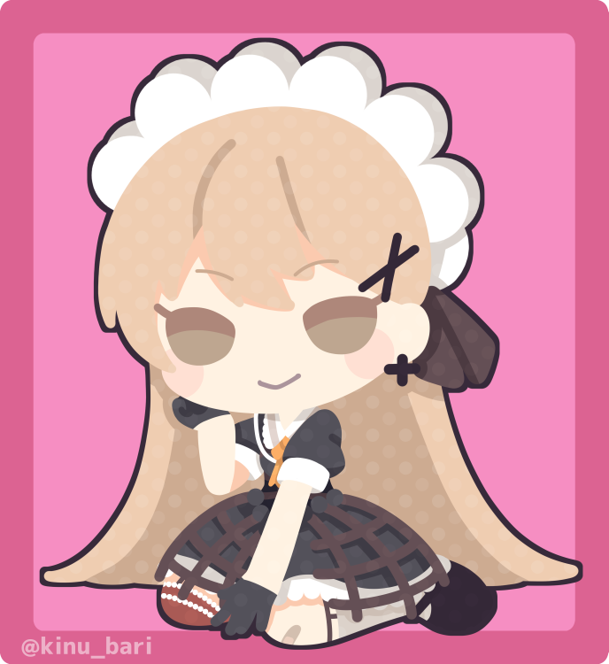 1girl bangs blonde_hair blush_stickers chibi frilled_hairband frills girls_frontline gloves gothic_lolita hairband kinubari_nerune kneeling light_brown_eyes lolita_fashion long_hair ppk_(girls_frontline) puffy_short_sleeves puffy_sleeves short_sleeves very_long_hair