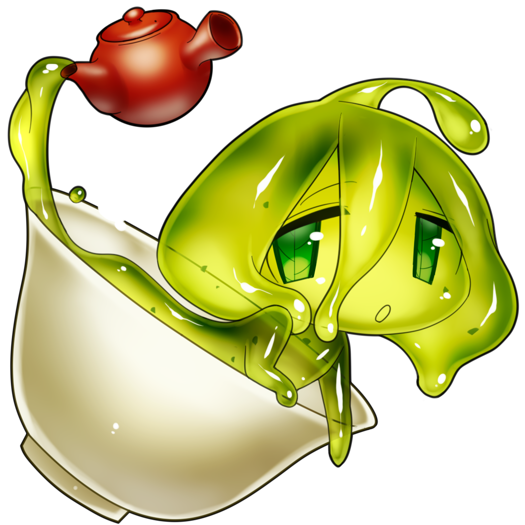 1girl akira_(meltyhip) colored_sclera colored_skin completely_nude cup green_eyes green_hair green_sclera green_skin hair_between_eyes in_container in_cup looking_at_viewer medium_hair minigirl monster_girl nude original parted_lips slime_girl solo spilling tareme teapot transparent_background