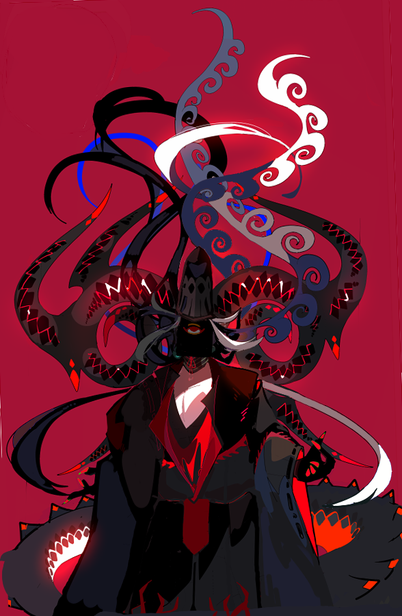 1boy alternate_hairstyle ashiya_douman_(fate) asymmetrical_hair bare_pecs black_eyes black_hair black_headwear black_nails black_skin colored_skin covered_face demon_boy demon_horns demon_tail earrings fate/grand_order fate_(series) floating_hair hat heian horns jewelry long_hair magatama magatama_earrings male_focus midi_hazapero monsterification multicolored_hair official_alternate_costume onmyouji shikigami solo tail tate_eboshi tentacle_hair toned toned_male traditional_clothes two-tone_hair very_long_hair white_hair