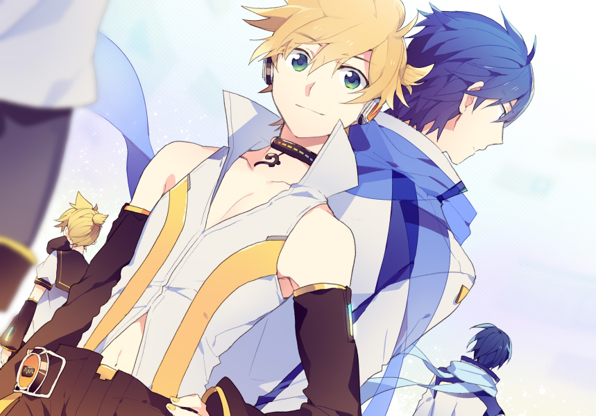 5boys aqua_eyes arm_warmers bare_shoulders bass_clef black_collar black_shorts black_sleeves blonde_hair blue_eyes blue_hair blue_scarf blurry_foreground choker coat collar collarbone commentary detached_sleeves dutch_angle expressionless from_behind hand_on_hip kagamine_len kagamine_len_(vocaloid4) kagamine_rin kagamine_rin_(append) kaito kaito_(vocaloid3) looking_at_viewer male_focus midriff_cutout multiple_boys multiple_persona out_of_frame pendant_choker sailor_collar scarf shirt short_ponytail short_sleeve_sweater shorts sinaooo sleeveless sleeveless_shirt smile spiky_hair upper_body v4x vocaloid vocaloid_append white_coat white_shirt