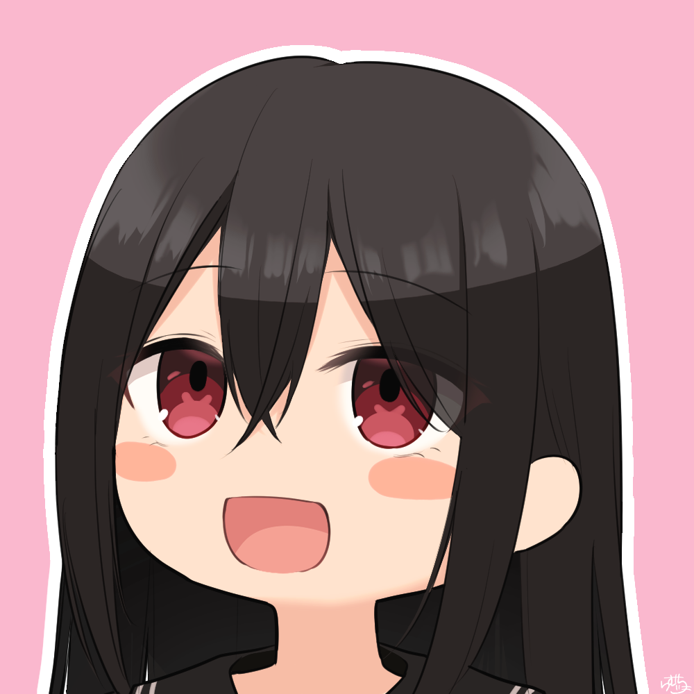 1girl :d bangs black_hair black_sailor_collar blush_stickers commentary_request eyebrows_visible_through_hair eyes_visible_through_hair hair_between_eyes open_mouth original outline pink_background portrait ramchi red_eyes sailor_collar smile solo white_outline