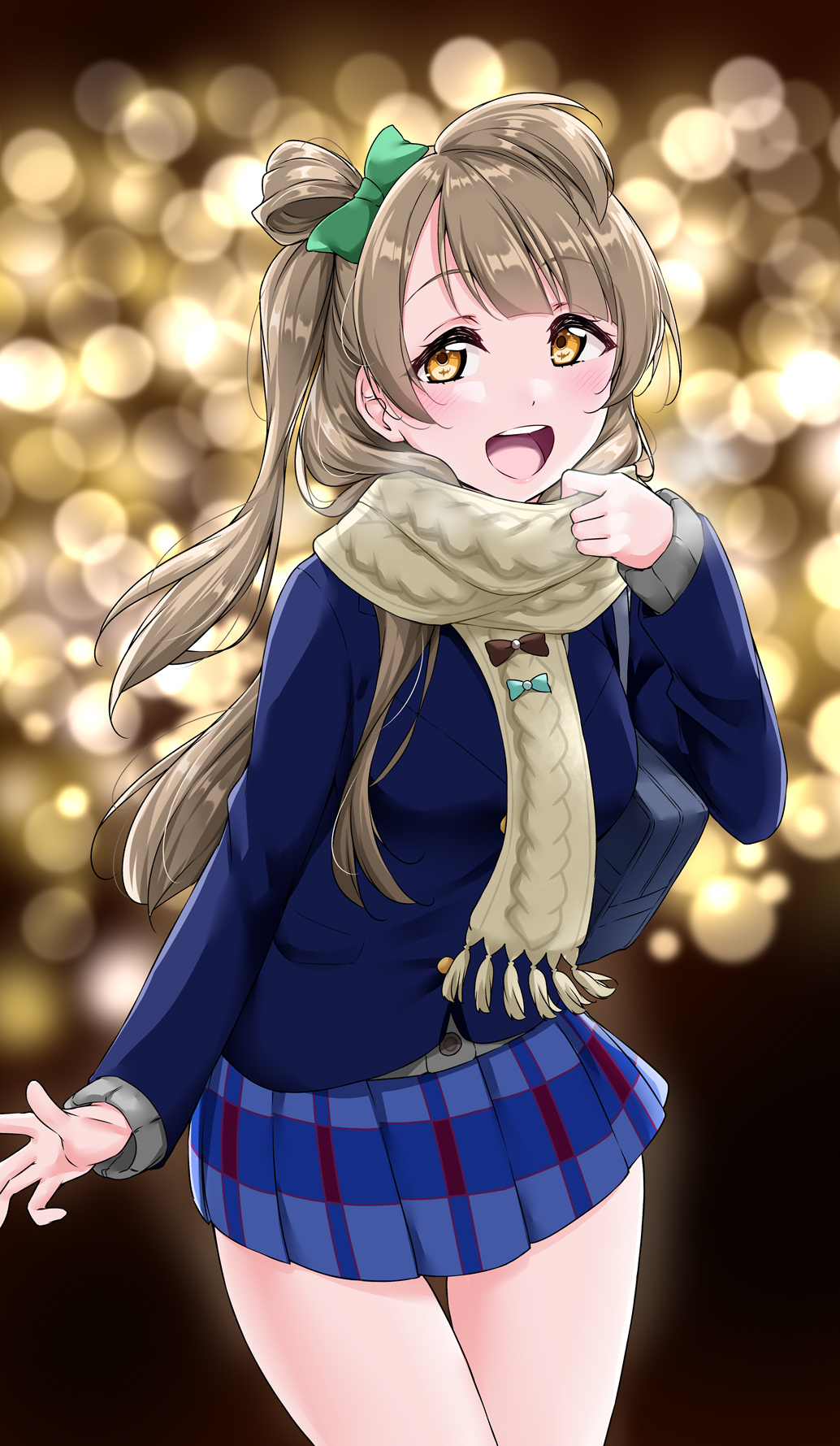 :d bag bangs beige_scarf blue_jacket blue_skirt blunt_bangs blurry blurry_background blush bow brown_bow eyebrows_visible_through_hair green_bow hair_bow highres jacket light_particles long_sleeves looking_at_viewer love_live! love_live!_school_idol_project minami_kotori night open_mouth pleated_skirt scarf school_bag school_uniform side_ponytail skirt smile solo upper_teeth yellow_eyes yopparai_oni