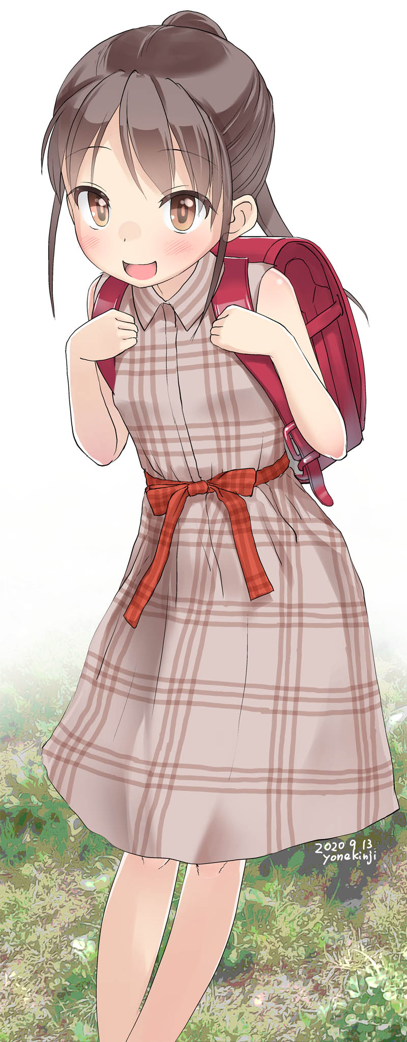 1girl :d backpack bag bare_arms bare_shoulders blush breasts brown_dress brown_eyes brown_hair collared_dress dated dress feet_out_of_frame highres holding_strap long_hair looking_at_viewer open_mouth original plaid plaid_dress ponytail randoseru signature sleeveless sleeveless_dress small_breasts smile solo standing white_background yone_kinji