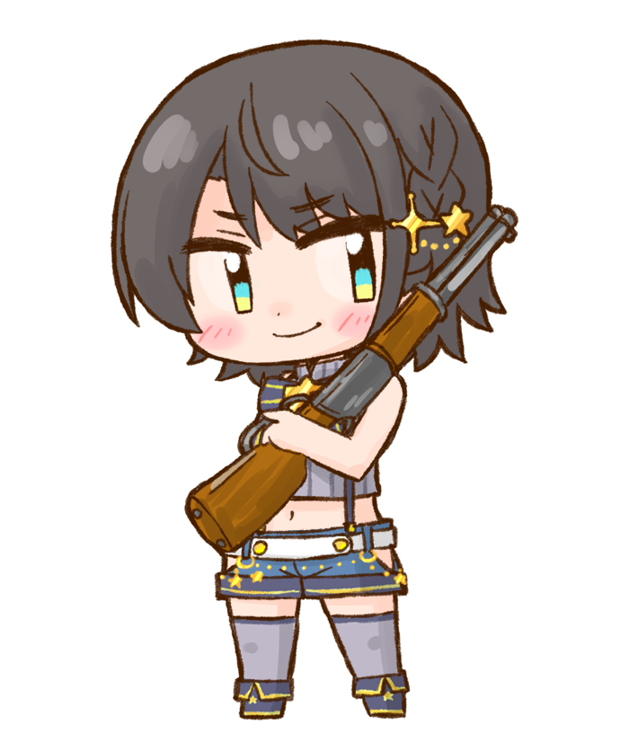 1girl :3 aqua_eyes bangs belt black_hair blue_shorts blush blush_stickers boots breasts chibi closed_mouth commentary_request crop_top eyebrows_visible_through_hair fold-over_boots full_body grey_legwear grey_shirt gun hair_ornament holding holding_gun holding_weapon hololive left_4_dead_2 looking_to_the_side midriff navel nekoyama no_jacket official_alternate_costume oozora_subaru pump_shotgun shirt short_hair short_shorts shorts simple_background smile solo star_(symbol) star_hair_ornament striped striped_shirt thigh-highs virtual_youtuber weapon white_background white_belt