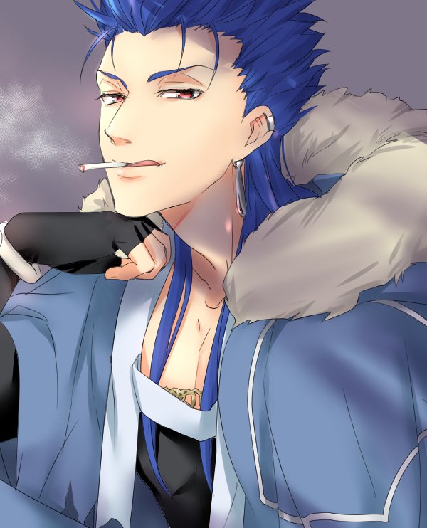 1boy blue_hair bracelet close-up closed_mouth cu_chulainn_(fate)_(all) cu_chulainn_(fate/grand_order) earrings fate/grand_order fate_(series) fur_trim grey_background hand_on_own_chin hood hood_down jewelry licking_lips long_hair looking_at_viewer male_focus multiple_piercings nozawa red_eyes simple_background smoke smoking solo spiky_hair tongue tongue_out type-moon