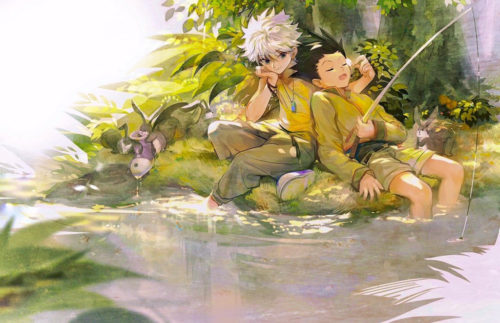 2boys animal bangs black_hair blue_eyes closed_eyes closed_mouth eyebrows_visible_through_hair fishing_rod full_body gon_freecss grass green_jacket green_pants green_shorts hair_between_eyes head_rest holding hunter_x_hunter jacket jewelry killua_zoldyck leaning_on_person long_sleeves male_focus multiple_boys necklace open_mouth outdoors pants purple_footwear rabbit shirt shoes short_hair short_sleeves shorts sitting sleeping smile soaking_feet spiky_hair tree water white_hair wristband yellow_shirt yud79317724