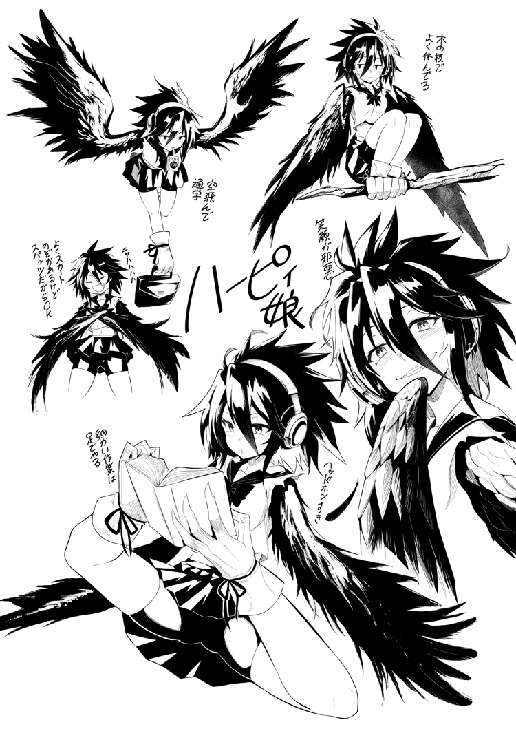 1girl bag blush book commentary_request edobox feathered_wings feathers foot_hold harpy headphones juice_box messy_hair monochrome monster_girl original reading school_uniform serafuku shorts shorts_under_skirt skirt talons translation_request winged_arms wings