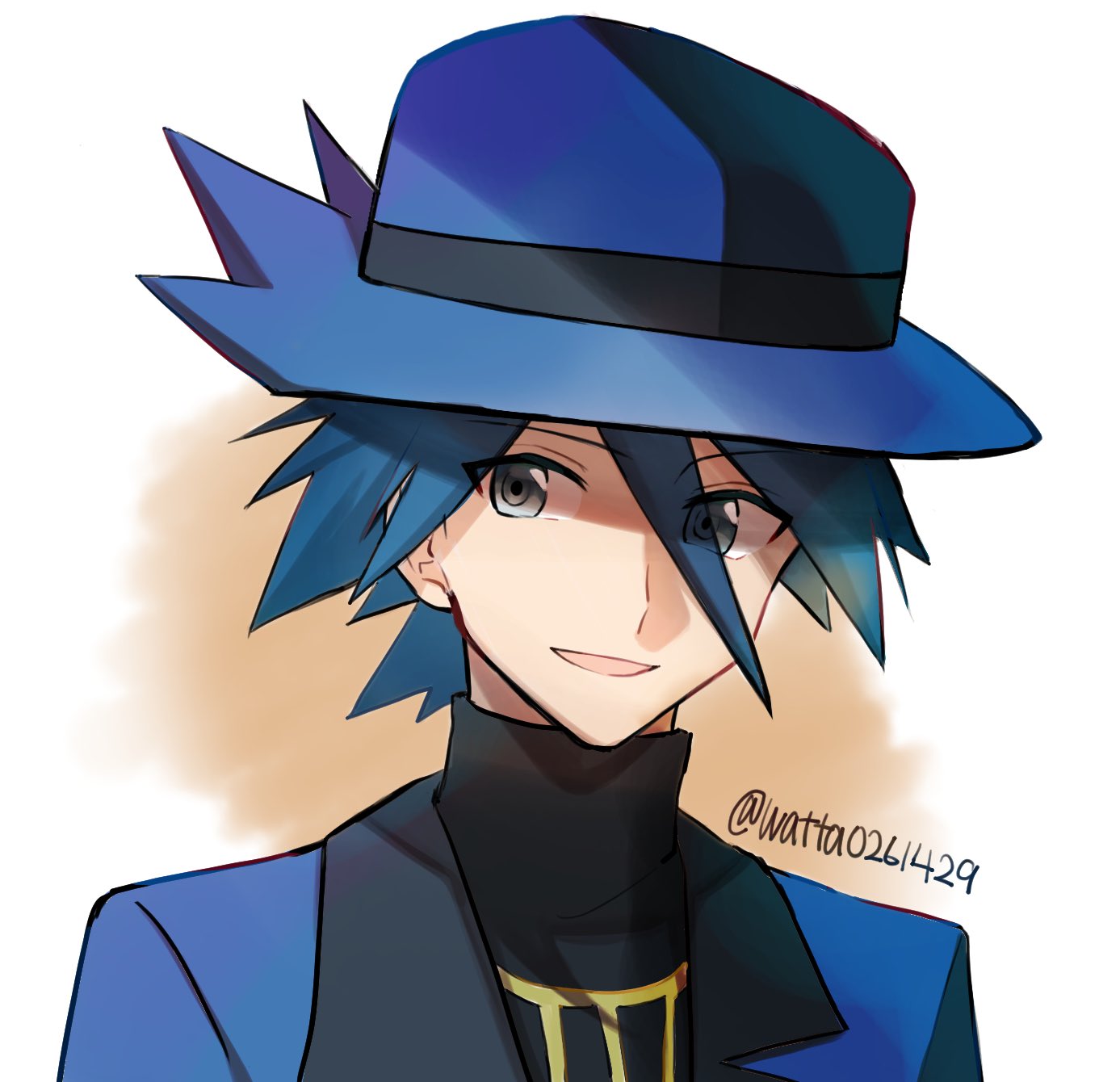 1boy artist_name bangs blue_hair blue_headwear blue_jacket commentary eyebrows_visible_through_hair eyes_visible_through_hair grey_eyes hat highres jacket male_focus open_mouth pokemon pokemon_(game) pokemon_dppt riley_(pokemon) smile solo spiky_hair upper_body watermark watta02614129