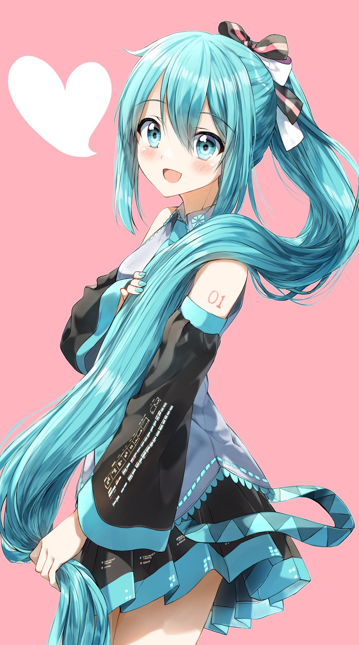 1girl :d bangs bare_shoulders black_skirt black_sleeves blue_eyes blue_hair blue_nails blue_neckwear blush bow collared_shirt commentary_request eyebrows_visible_through_hair grey_shirt hair_between_eyes hair_bow hair_grab hair_over_shoulder hatsune_miku heart highres long_hair long_sleeves looking_at_viewer nail_polish necktie open_mouth pentagon_(railgun_ky1206) pink_background pleated_skirt ponytail shirt sidelocks simple_background skirt sleeveless sleeveless_shirt smile solo striped striped_bow very_long_hair vocaloid wide_sleeves