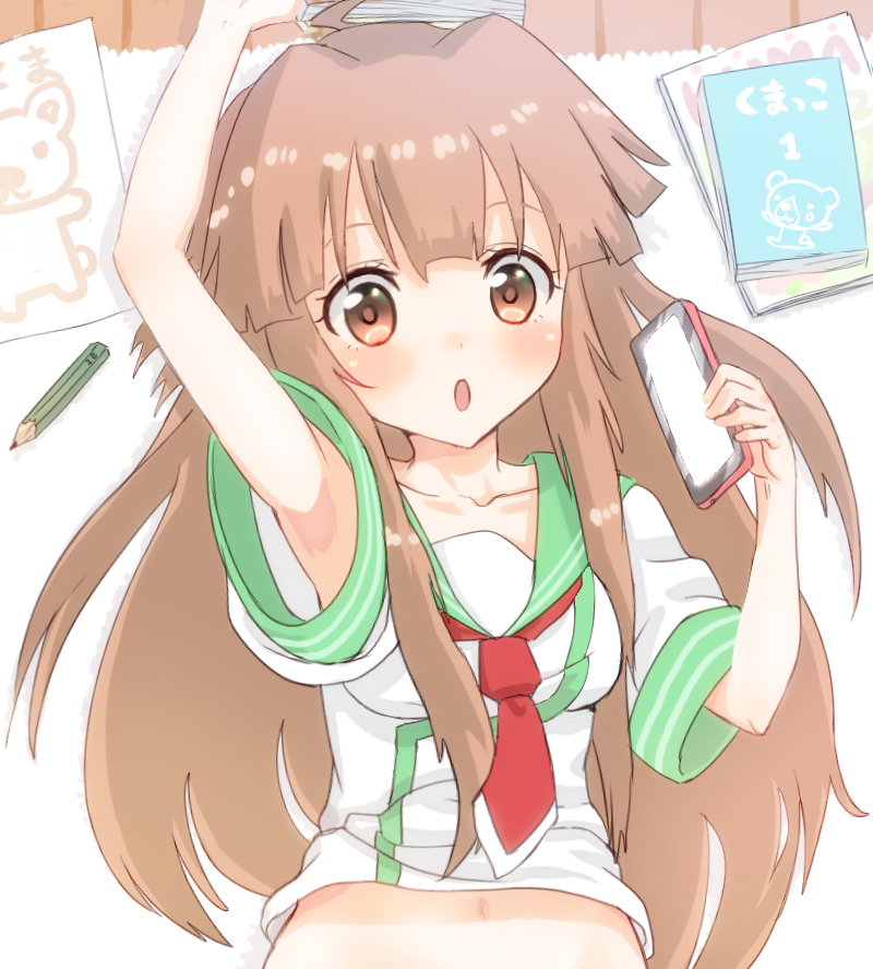 1girl ahoge aqua_sailor_collar armpit_peek bangs brown_eyes brown_hair cellphone collarbone commentary_request drawing holding holding_phone huge_ahoge kantai_collection kujira_naoto kuma_(kantai_collection) long_hair looking_at_viewer lying navel neckerchief on_back open_mouth pencil phone red_neckwear school_uniform serafuku short_sleeves sketchbook smartphone solo