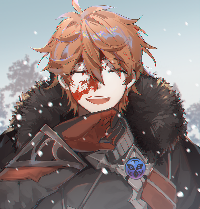 1boy arm_up black_coat blood blood_on_face closed_eyes coat commentary earrings eyebrows_visible_through_hair fur-trimmed_coat fur-trimmed_hood fur_trim genshin_impact gloves grey_sky hood jewelry kusogametaku male_focus military military_uniform open_mouth orange_hair outdoors red_gloves short_hair single_earring smile snow snowing solo symbol_commentary tartaglia_(genshin_impact) tree uniform upper_body upper_teeth vision_(genshin_impact) winter