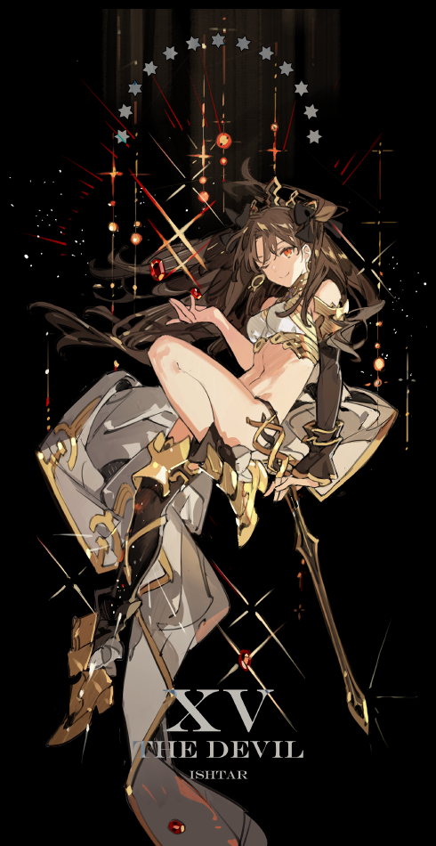 brown_hair earrings fate/grand_order fate_(series) gem ishtar_(fate)_(all) ishtar_(fate/grand_order) jewelry long_hair one_eye_closed red_eyes revealing_clothes single_thighhigh smile starshadowmagician thigh-highs tiara