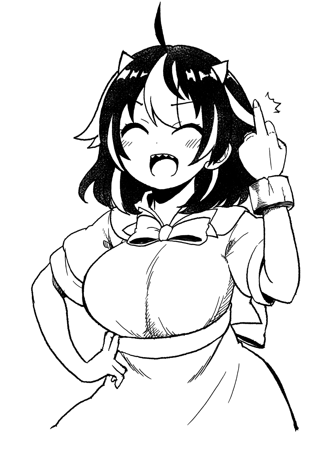 1girl ahoge bangs blush bracelet breasts closed_eyes cowboy_shot cracked_bracelet dress eyebrows_visible_through_hair hair_between_eyes hand_on_hip highres himajin_noizu hip_focus horns jewelry kijin_seija large_breasts laughing middle_finger monochrome multicolored_hair open_mouth sharp_teeth short_hair short_sleeves simple_background solo streaked_hair teeth touhou waist_bow white_background