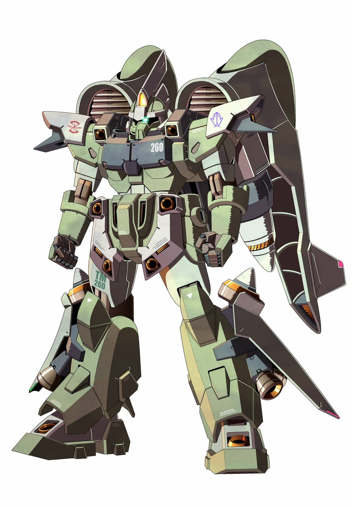 clenched_hands ginn glowing glowing_eye green_eyes gundam gundam_seed highres joy_(cyber_x_heaven) looking_ahead mecha mechanical_wings no_humans one-eyed science_fiction solo standing white_background wings