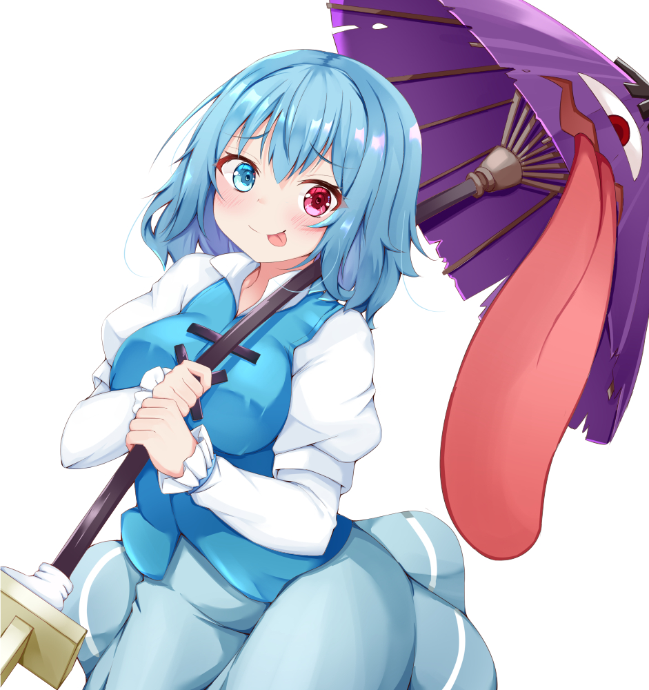 1girl :p blue_eyes blue_hair breasts eyebrows_visible_through_hair heterochromia holding holding_umbrella karakasa_obake long_sleeves long_tongue looking_at_viewer medium_breasts puffy_long_sleeves puffy_sleeves red_eyes rururiaru short_hair simple_background solo tatara_kogasa tongue tongue_out touhou umbrella very_long_tongue white_background