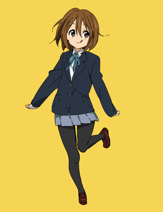 1girl :p blue_jacket blue_ribbon blue_skirt brown_eyes brown_footwear brown_hair hair_ornament hairclip hirasawa_yui iihoneikotu jacket k-on! leg_up mary_janes miniskirt neck_ribbon pantyhose pleated_skirt ribbon school_uniform shoes short_hair sideways_glance simple_background skirt standing standing_on_one_leg tongue tongue_out yellow_background