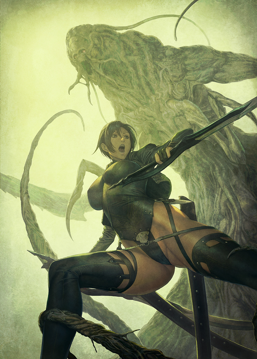1girl black_hair boots breasts commentary_request cropped_jacket dual_wielding from_below giant gloves hair_between_eyes highres holding holding_sword holding_weapon homare_(fool's_art) jacket leather leotard monster open_mouth original partially_fingerless_gloves sheath short_hair sword tentacles thigh-highs thigh_boots weapon