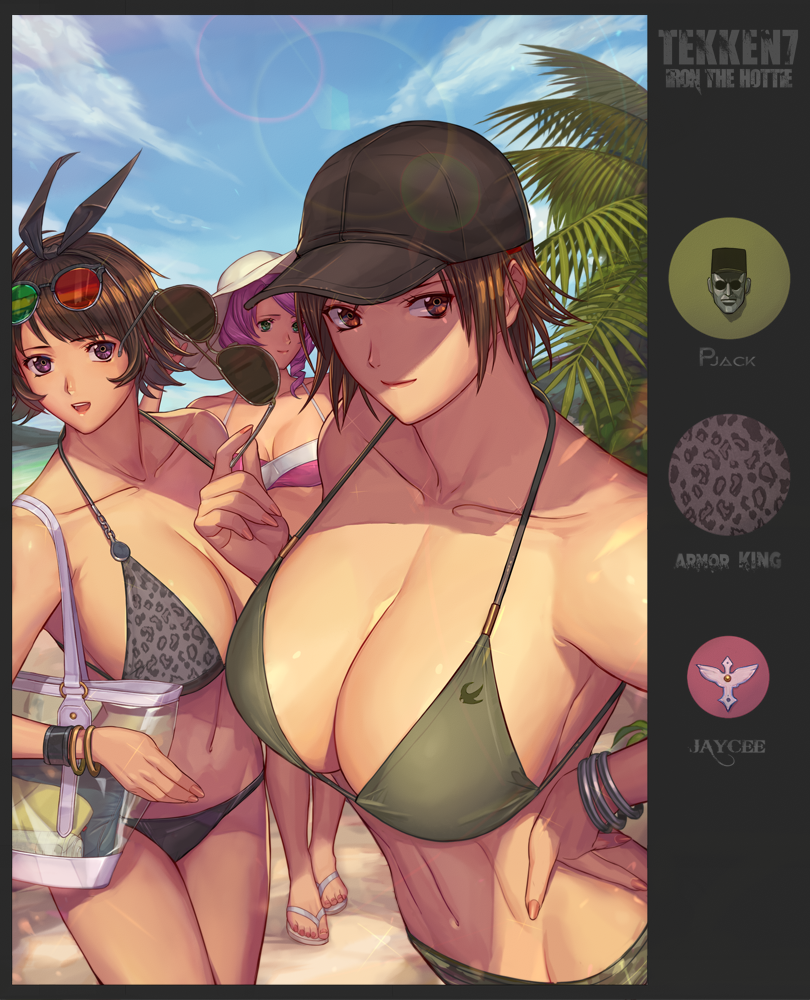 3girls alisa_boskonovich bag bare_shoulders bikini black_bikini breasts brown_eyes brown_hair collarbone commentary_request copyright_name day eyewear_on_head glasses green_bikini green_eyes hairband hand_on_hip hand_up hat holding holding_eyewear ibanen jewelry josie_rizal kazama_asuka multiple_girls namco navel outdoors pink_bikini pink_hair purple_bikini sand sandals shoes sky standing sunglasses swimsuit tekken tekken_7 tree wristband