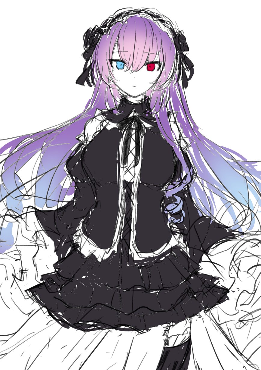 1girl bare_shoulders black_shirt black_skirt black_sleeves blue_eyes blue_hair commentary detached_sleeves dress expressionless frilled_headband gradient_hair headdress heterochromia highres infinity_(module) kkr_rkgk layered_dress long_hair looking_at_viewer megurine_luka multicolored_hair pink_hair red_eyes shirt sketch skirt solo very_long_hair vocaloid white_background