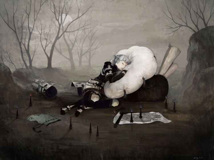 1boy androgynous armor bag clouds cloudy_sky fantasy_earth_zero gu_(goodnight) map muted_color outdoors shadow sky sleeping solo tree