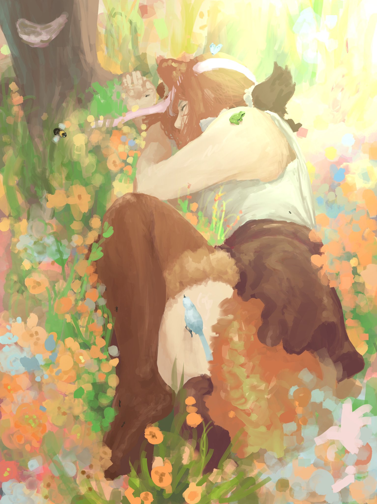 1girl animal animal_ears arm_rest bare_arms bare_shoulders bear_ears bee bird black_hair brown_hair brown_legwear brown_skirt bug closed_eyes day flower frog full_body fur_skirt fur_trim grass hair_ornament hair_scrunchie headband highres insect kemono_friends knees_up kodiak_bear_(kemono_friends) long_hair lying multicolored_hair no_shoes on_grass on_ground on_side outdoors peaceful r_birdy scrunchie shirt skirt sleeping sleeveless sleeveless_shirt solo thigh-highs two-tone_hair white_shirt zettai_ryouiki