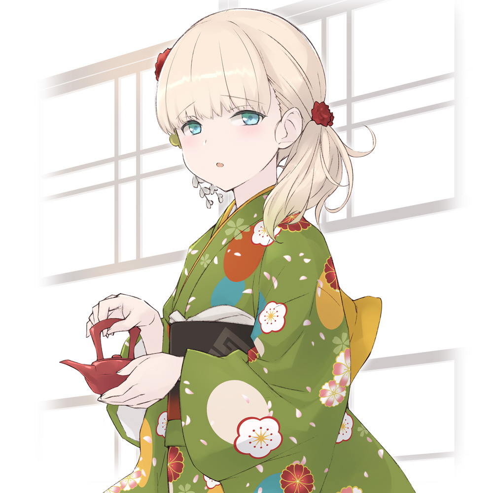 1girl bangs blonde_hair blue_eyes blunt_bangs commentary_request cowboy_shot floral_print green_kimono hair_over_shoulder japanese_clothes kantai_collection kimono long_hair looking_at_viewer official_alternate_costume sakana shin'you_(kantai_collection) solo teapot
