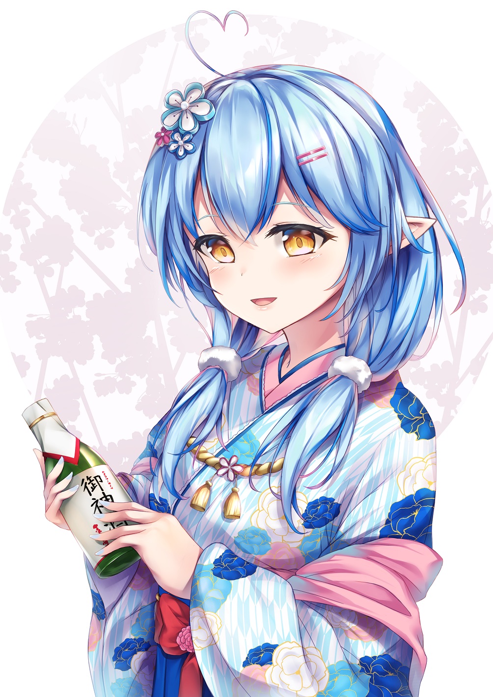 1girl :d ahoge bangs blue_hair blue_hakama blush bottle bow brown_eyes commentary_request eyebrows_visible_through_hair floral_print hair_between_eyes hair_ornament hair_over_shoulder hairclip hakama heart_ahoge highres hinoka_(allen) holding holding_bottle hololive japanese_clothes kimono long_hair long_sleeves looking_away low_twintails multicolored_hair obi open_mouth pointy_ears print_kimono red_bow sash smile solo streaked_hair twintails virtual_youtuber white_kimono wide_sleeves yagasuri yukihana_lamy