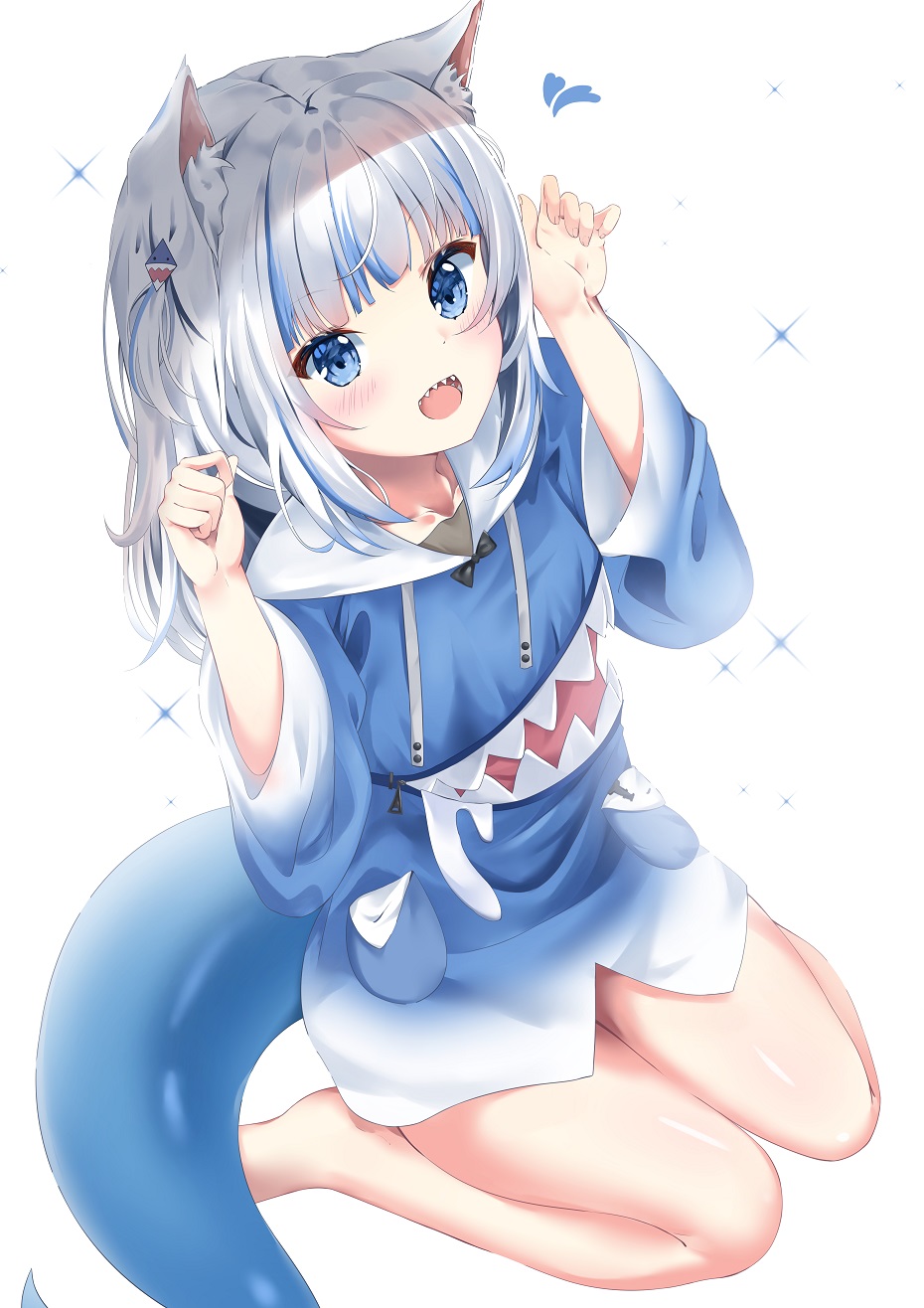1girl :d animal_ears bangs barefoot blue_eyes blue_hair blue_hoodie cat_ears collarbone drawstring eyebrows_visible_through_hair fish_tail full_body gawr_gura hands_up heart highres hololive hololive_english hood hood_down hoodie kemonomimi_mode long_hair long_sleeves looking_at_viewer multicolored_hair open_mouth shark_tail sharp_teeth silver_hair simple_background sitting smile solo sparkle streaked_hair tail teeth u.b_m1s2s virtual_youtuber wariza white_background wide_sleeves