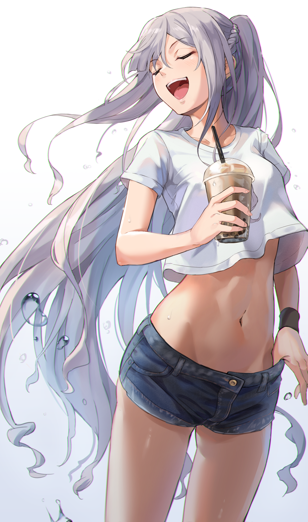 1girl ak-12_(girls_frontline) alternate_costume braid closed_eyes commentary_request crop_top cup denim denim_shorts drinking_straw eyebrows_visible_through_hair french_braid girls_frontline hand_under_clothes hand_under_shorts highres holding holding_cup long_hair midriff navel niac open_mouth ponytail shirt short_shorts short_sleeves shorts sidelocks silver_hair simple_background smile solo standing sweatband upper_teeth very_long_hair water_drop white_shirt