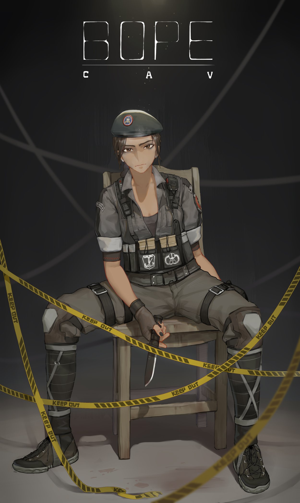 1girl bags_under_eyes beret black_headwear black_nails bope braid breasts brown_eyes brown_gloves brown_hair caution_tape caveira_(rainbow_six_siege) chair character_name collared_shirt combat_knife commentary commission dark_skin dark-skinned_female english_commentary fingernails forehead full_body gloves grey_shirt hat highres holding holding_knife holster keep_out knee_pads knife load_bearing_vest long_eyebrows looking_at_viewer military_operator nail_polish open_clothes open_shirt patch rainbow_six rainbow_six_siege shirt shoes single_braid sitting sleeves_rolled_up small_breasts sneakers solo spread_legs thigh_holster thigh_pouch walkie-talkie weapon youzu_(youzuyozu)