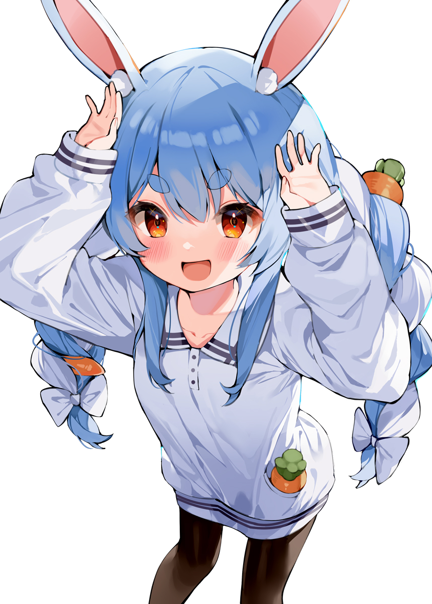 1girl alternate_costume animal_ear_fluff animal_ears black_legwear blush braid breasts carrot_hair_ornament collared_shirt commentary cowboy_shot eyebrows_visible_through_hair food_themed_hair_ornament hair_ornament hana_mori happy_birthday highres hololive light_blue_hair long_hair long_sleeves looking_at_viewer multicolored_hair open_mouth pantyhose rabbit_ears red_eyes shirt simple_background small_breasts smile solo thick_eyebrows twin_braids twintails two-tone_hair usada_pekora virtual_youtuber white_background white_hair white_shirt