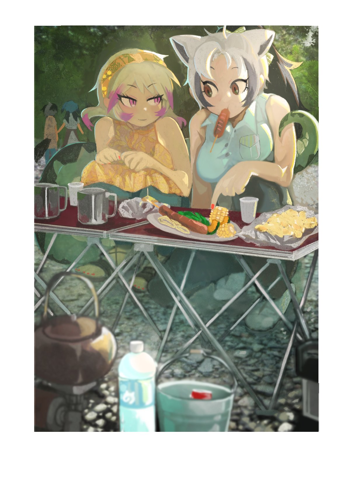 4girls african_rock_python_(kemono_friends) alternate_costume animal_ears bangs bare_arms bare_shoulders bear_ears bird_tail black_hair blue_hair border breast_pocket breasts brown_hair bucket camping casual closed_mouth commentary_request contemporary corn corn_dog cup day dress extra_ears eyebrows_visible_through_hair eyelashes ezo_brown_bear_(kemono_friends) facing_away fingernails food food_in_mouth full_body greater_roadrunner_(kemono_friends) grey_hair hairband high_ponytail highres igarashi_(nogiheta) kemono_friends long_hair looking_at_another medium_breasts medium_hair mouth_hold multicolored_hair multiple_girls nail_polish outdoors pants parted_bangs passenger_pigeon_(kemono_friends) plate pocket pointing purple_hair sandals sausage shirt shoes short_dress side-by-side sidelocks sleeveless sleeveless_dress sleeveless_shirt slit_pupils smile snake_tail squatting standing table tail toenails toes tsurime twintails two-tone_hair unaligned_breasts violet_eyes