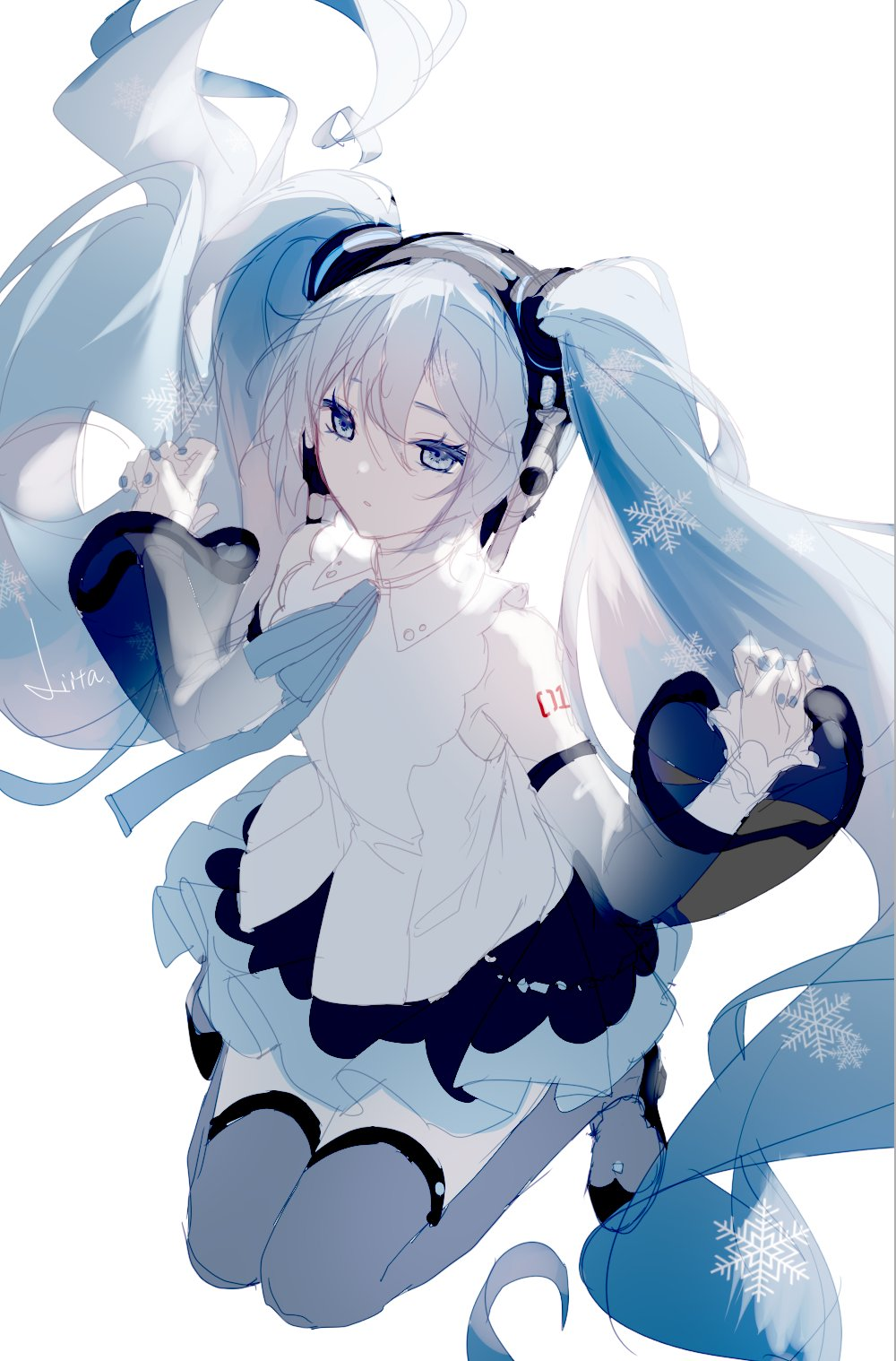 1girl bare_shoulders black_skirt blue_eyes blue_hair blue_nails blue_neckwear commentary detached_sleeves floating grey_legwear hair_ornament half-closed_eyes hands_up hatsune_miku hatsune_miku_(nt) headphones highres layered_sleeves legs_up long_hair looking_at_viewer miniskirt nail_polish neck_ribbon pleated_skirt ribbon shirt shoulder_tattoo skirt sleeveless sleeveless_shirt snowflake_print solo tattoo thigh-highs twintails very_long_hair vocaloid white_background white_shirt white_sleeves yamiluna39 yuki_miku zettai_ryouiki