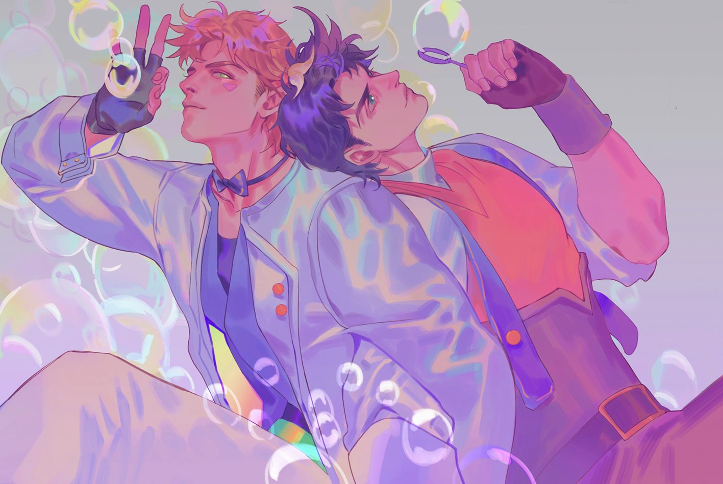 2boys battle_tendency belt blonde_hair blue_eyes bow bowtie bubble bubble_blowing bubble_wand buttons caesar_anthonio_zeppeli collarbone cuff_links facial_mark fingerless_gloves gloves green_eyes hair_bobbles hair_ornament hand_up handsomedao head_on_another's_shoulder holding jacket jojo_no_kimyou_na_bouken joseph_joestar_(young) leaning_on_person light_smile locked_arms looking_afar looking_at_another looking_away looking_back male_focus multiple_boys official_alternate_costume ok_sign orange_vest pants purple_hair purple_neckwear rainbow_gradient short_hair short_twintails sideways_glance sitting sleeve_cuffs suspenders symbol_commentary twintails vest white_jacket white_pants