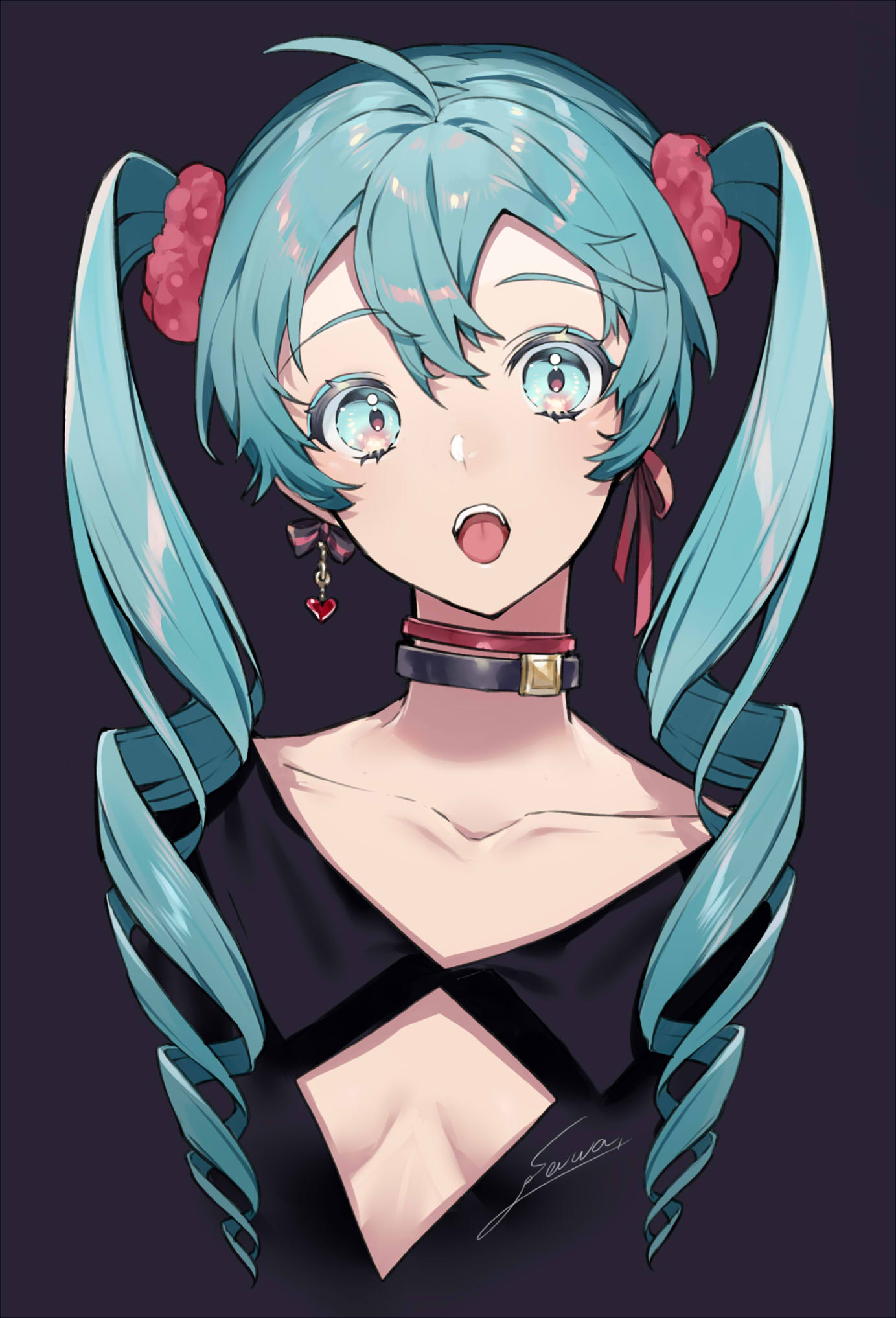 1girl ahoge bangs black_background black_collar black_shirt blue_eyes blue_hair collar collarbone cropped_torso earrings eyebrows_visible_through_hair hair_between_eyes hair_ornament hair_scrunchie hatsune_miku highres jewelry long_hair open_mouth red_collar red_scrunchie scrunchie shirt signature simple_background sogawa solo tongue tongue_out twintails upper_body vocaloid