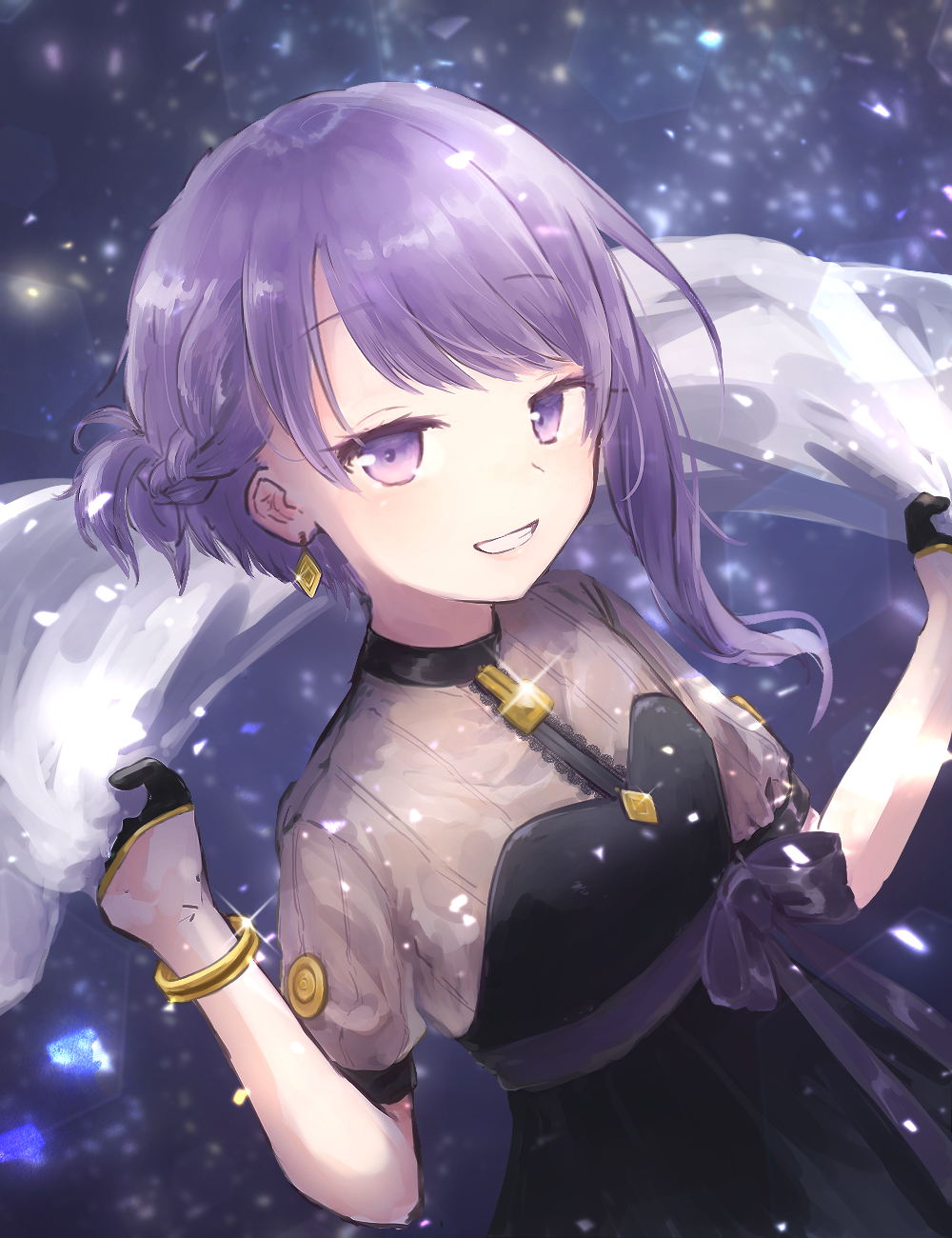 1girl black_dress black_gloves bracelet braid braided_bangs cevio commentary dress earrings glint gloves grin half_gloves highres holding_shawl jewelry looking_at_viewer pty purple_hair shawl short_hair short_sleeves sidelocks smile solo sparkle upper_body violet_eyes white_shawl yuzuki_yukari yuzuki_yukari_(rei)