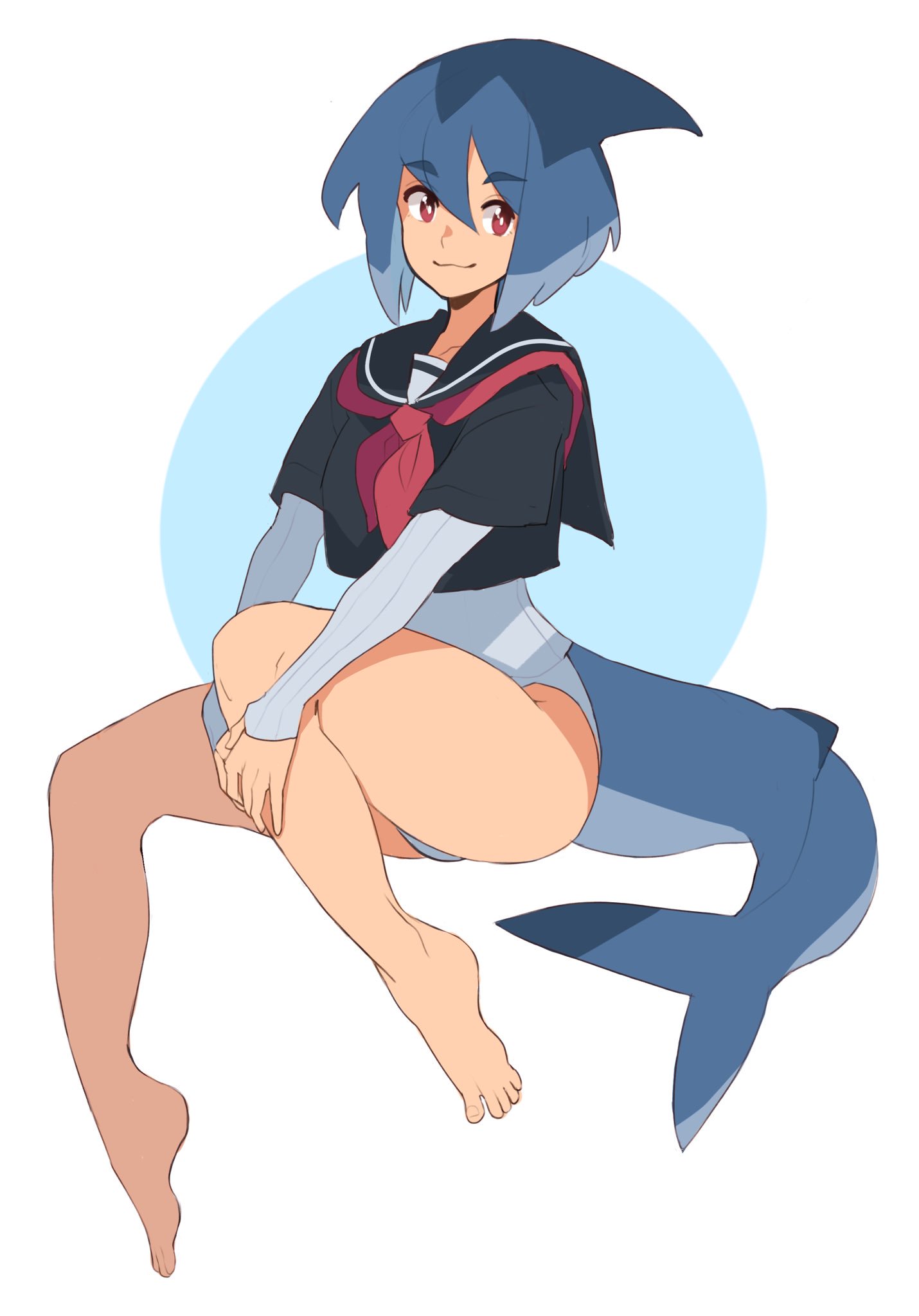 1girl azuumori bare_legs barefoot black_sailor_collar black_shirt blue_hair fish_tail hair_between_eyes highres invisible_chair looking_at_viewer multicolored_hair neckerchief one-piece_swimsuit original red_neckwear sailor_collar shark_fin shark_girl shark_girl_(azuumori) shark_tail shirt short_hair short_sleeves sitting smile solo swimsuit swimsuit_under_clothes tail white_swimsuit