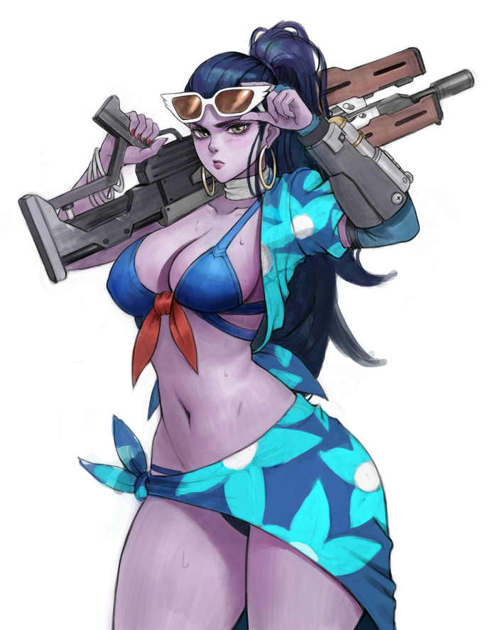 1girl bikini blue_bikini blue_hair blush bracelet carcass_(artist) closed_mouth colored_skin fingernails floral_print green_eyes gun holding holding_gun holding_weapon jewelry light_blush lipstick long_hair long_ponytail makeup navel over_shoulder overwatch ponytail purple_lips purple_lipstick purple_skin red_nails rifle simple_background sketch sniper_rifle solo sunglasses sweat swimsuit weapon weapon_over_shoulder white-framed_eyewear white_background widowmaker_(overwatch)