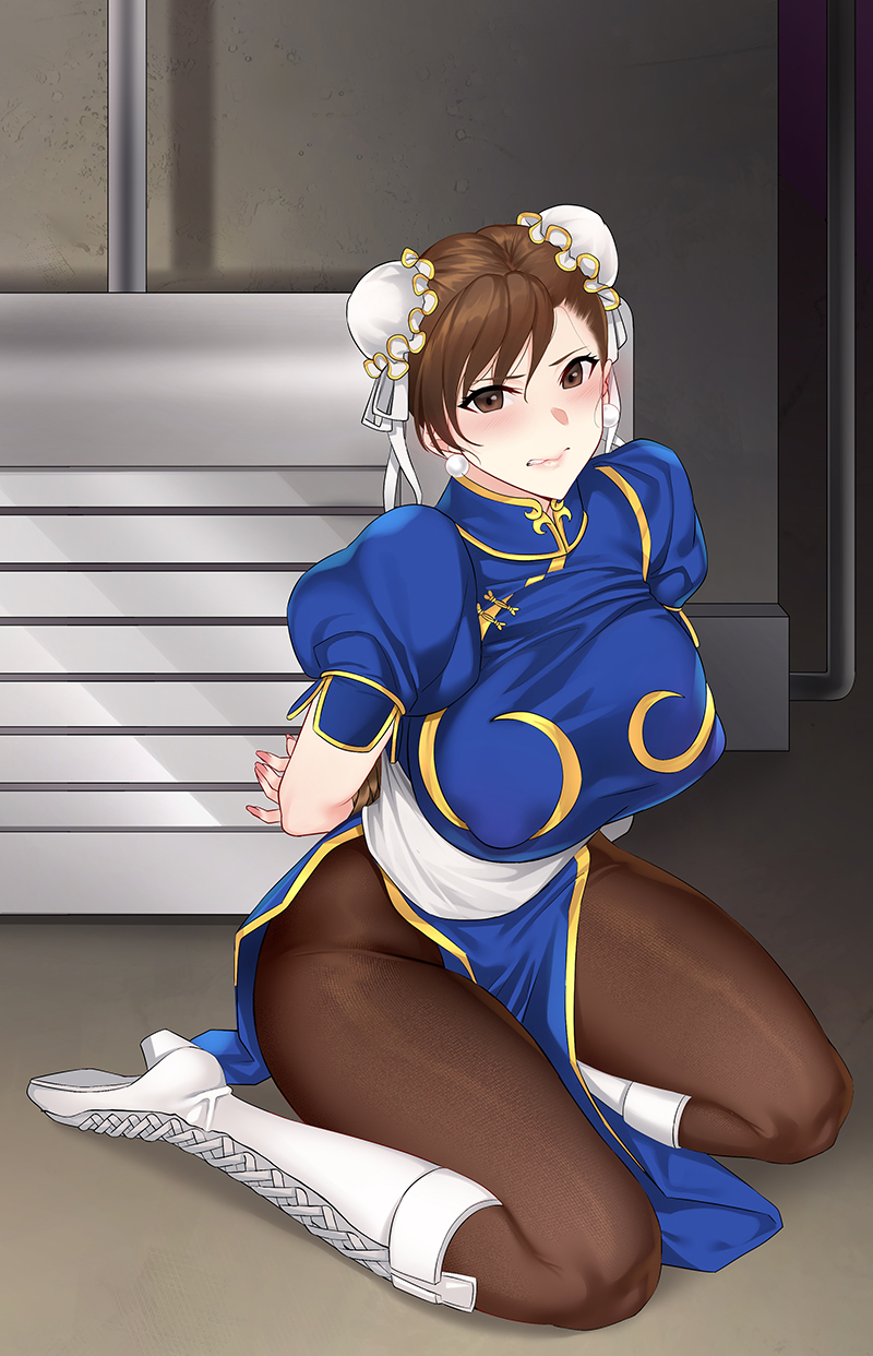 1girl arms_behind_back bangs blue_dress blush boots breasts brown_eyes brown_hair brown_legwear bun_cover china_dress chinese_clothes chun-li cross-laced_footwear double_bun dress earrings high_heels highres indoors jewelry jjanda large_breasts pantyhose pelvic_curtain pink_lips puffy_short_sleeves puffy_sleeves sash short_sleeves side_slit sitting street_fighter thighs white_footwear