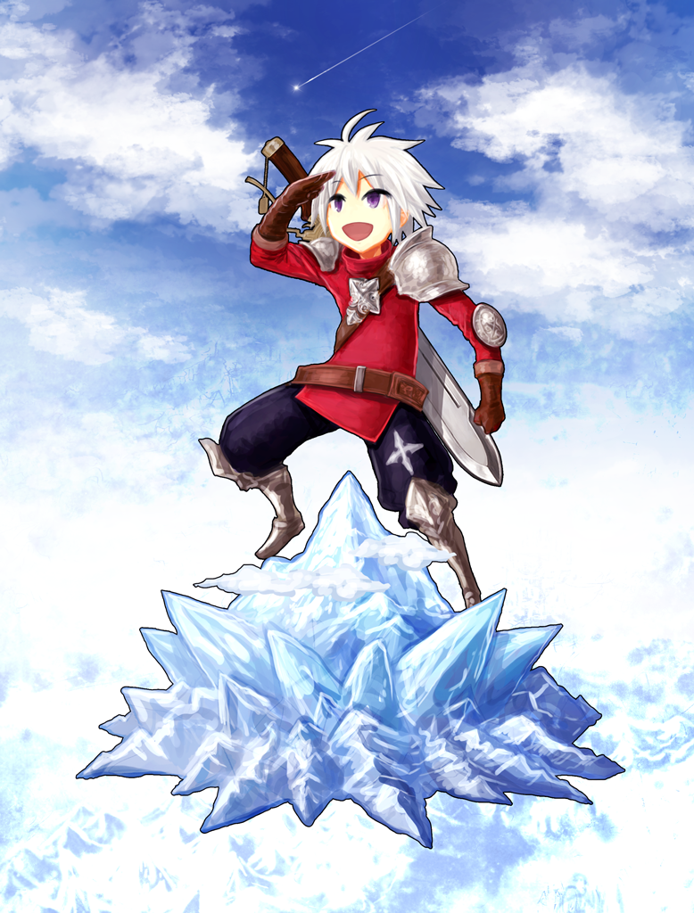 1boy armor belt blue_sky brown_gloves clenched_hand clouds cloudy_sky cross day eyebrows_visible_through_hair fantasy faux_figurine gloves greaves ice male_focus mountain open_mouth original pauldrons sasaki_(sasaki1de0) shooting_star shoulder_armor sky smile solo sword violet_eyes weapon weapon_on_back