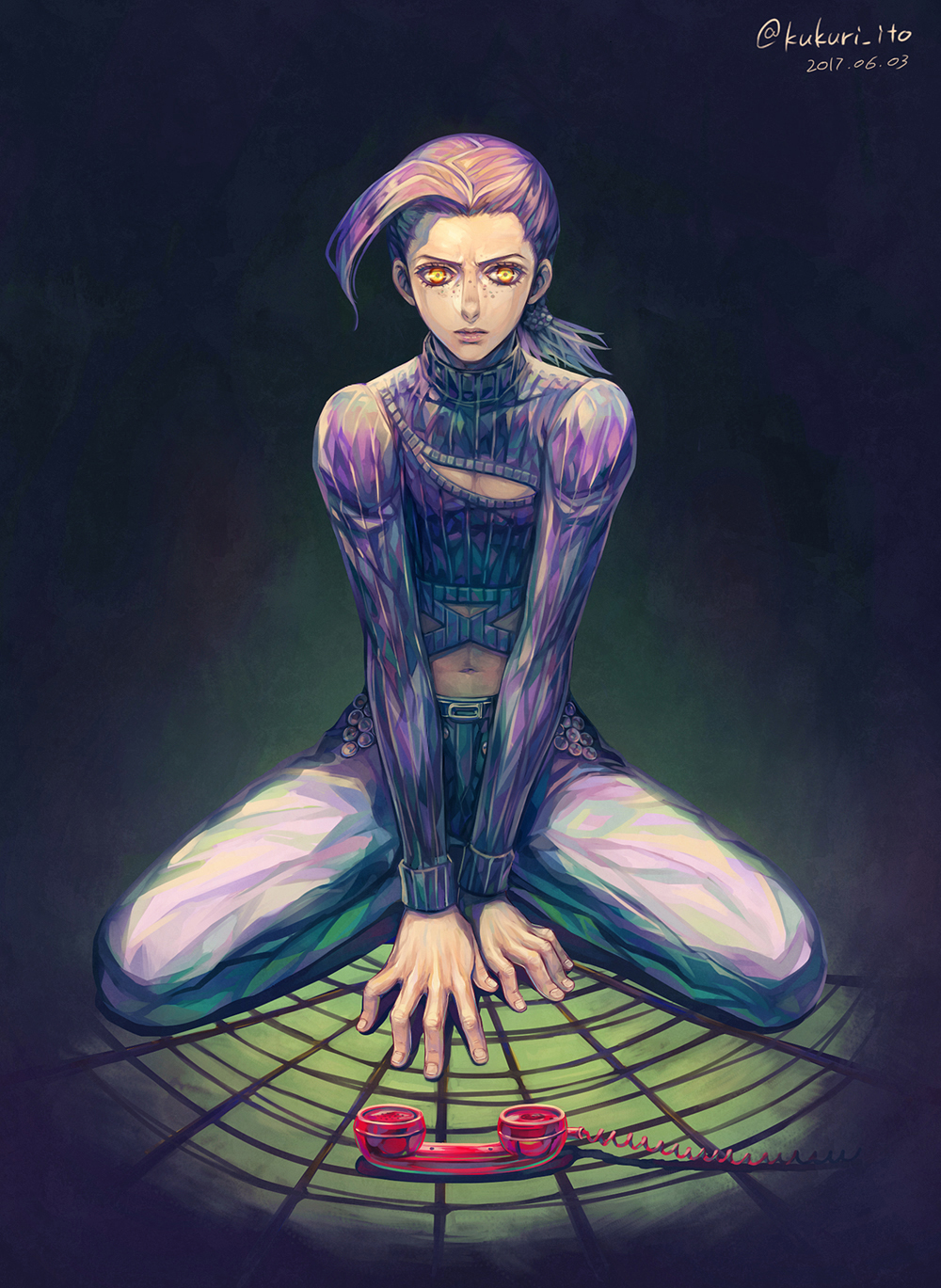 1boy bare_pecs belt closed_mouth dated dyresbroom fingernails freckles highres jojo_no_kimyou_na_bouken male_focus medium_hair navel phone ponytail purple_hair purple_sweater ribbed_sweater sitting solo sweater turtleneck twitter_username vento_aureo vinegar_doppio wariza yellow_eyes