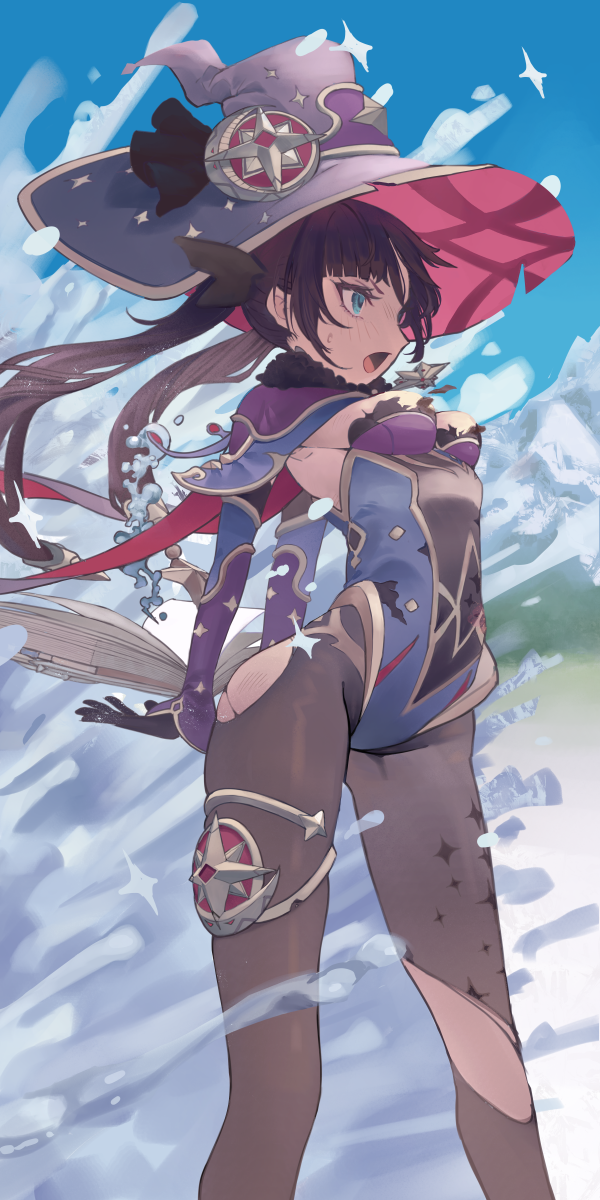 1girl aqua_eyes aroha_(aroha390) black_legwear book bow breasts cape fur_trim genshin_impact hair_bow hat highres leotard looking_to_the_side mage mona_(genshin_impact) open_mouth pantyhose purple_hair small_breasts solo splashing standing torn_clothes torn_legwear twintails water witch_hat